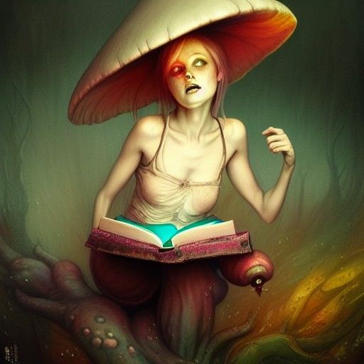Cute Ghost Reading on Mushroom in Dark Fantasy Style