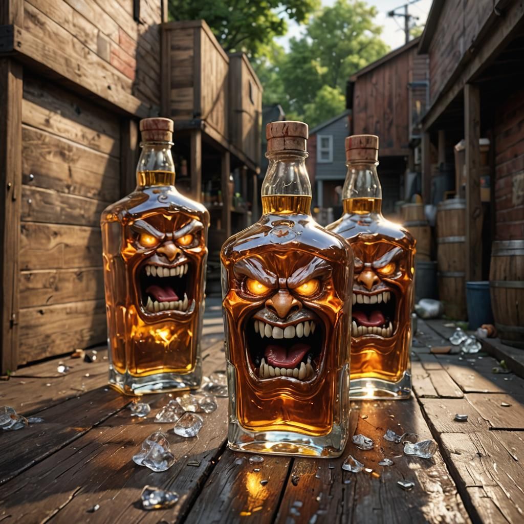 Angry Whiskey Bottles Clash in a Backyard Brawl