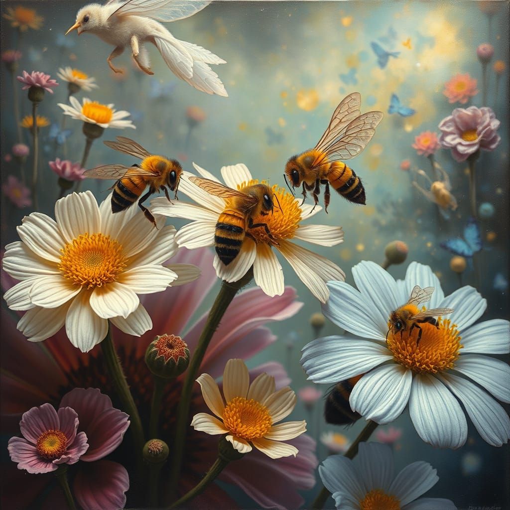 Whimsical Bees Dance Amidst Enchanted Floral Realms in a Dre...