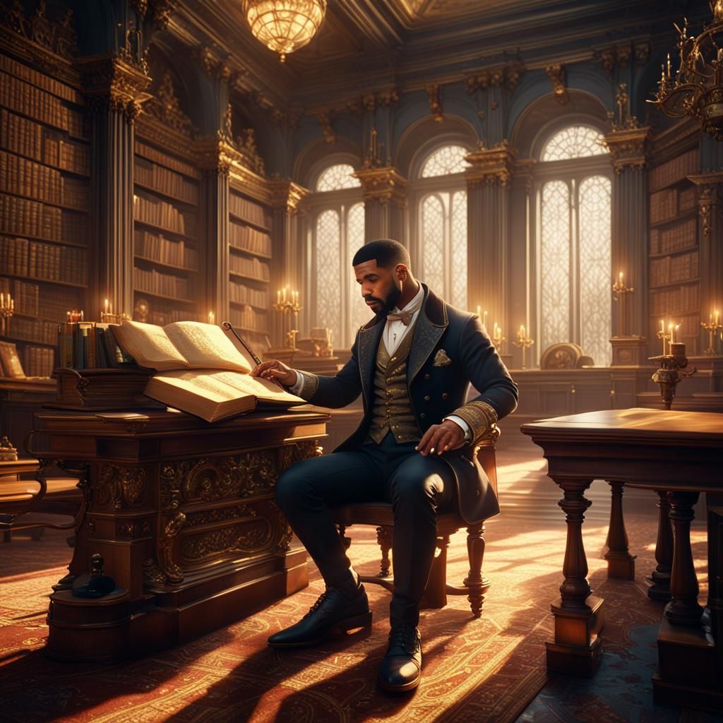 Drake as Victorian Gentleman in Ornate Library