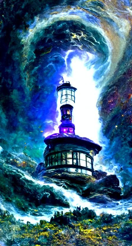 Lighthouse in Starry Night Oil Painting