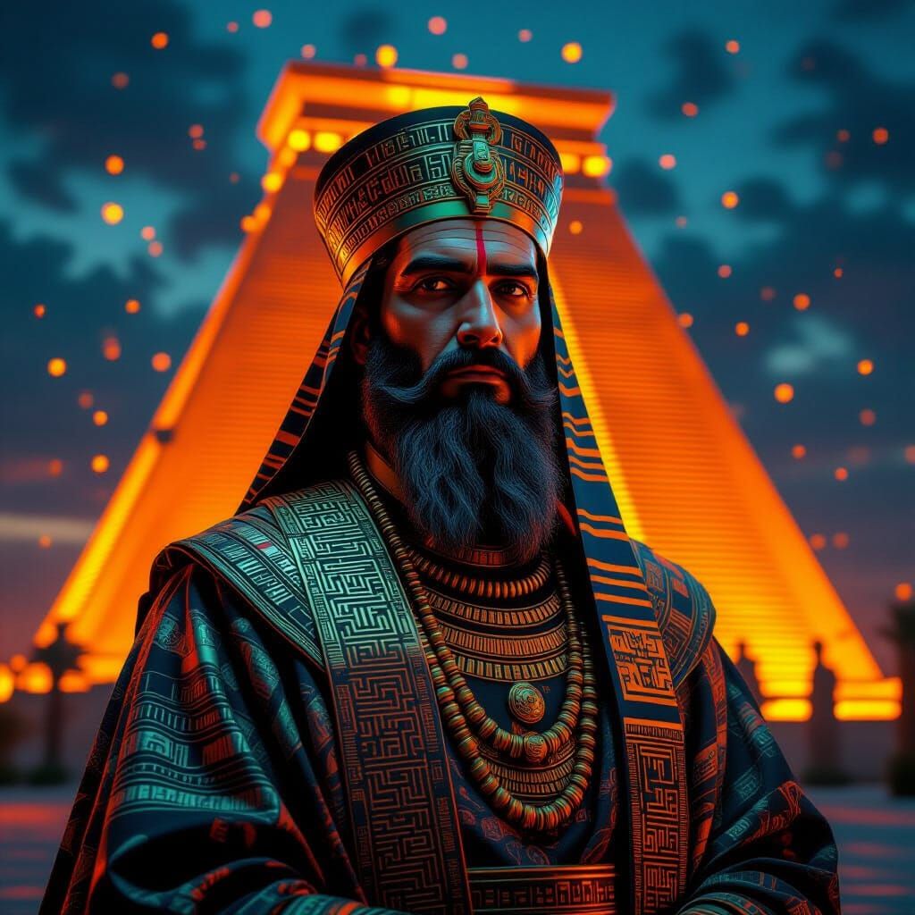 Mesopotamian Priest in Surreal Neon Robes