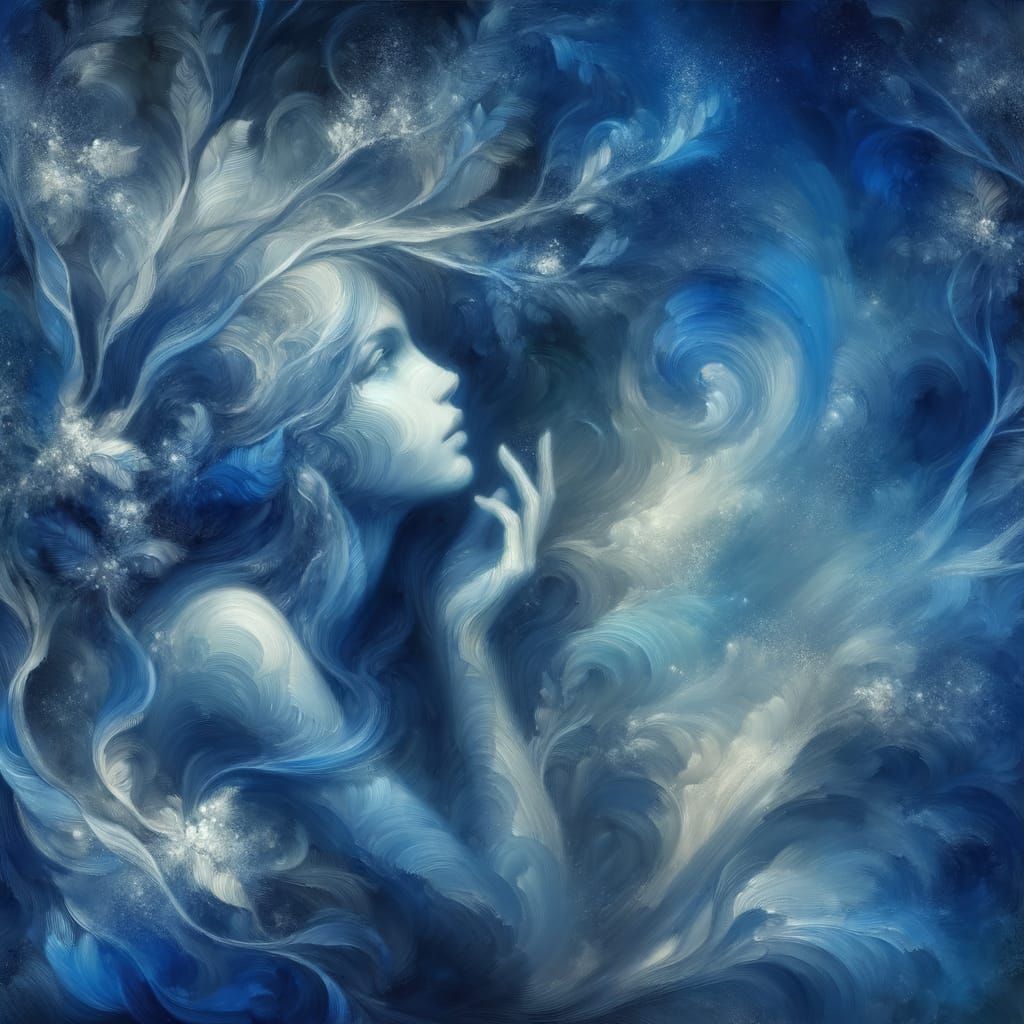 Dreamlike Blue Monochrome Painting of a Lady in Romantic Sty...