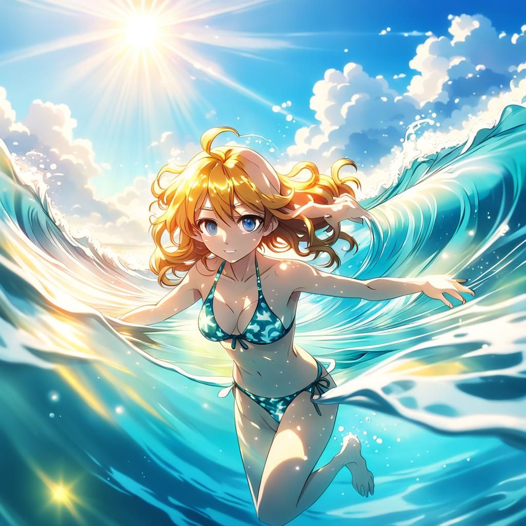 Anime Woman Swimming in Ocean Wave