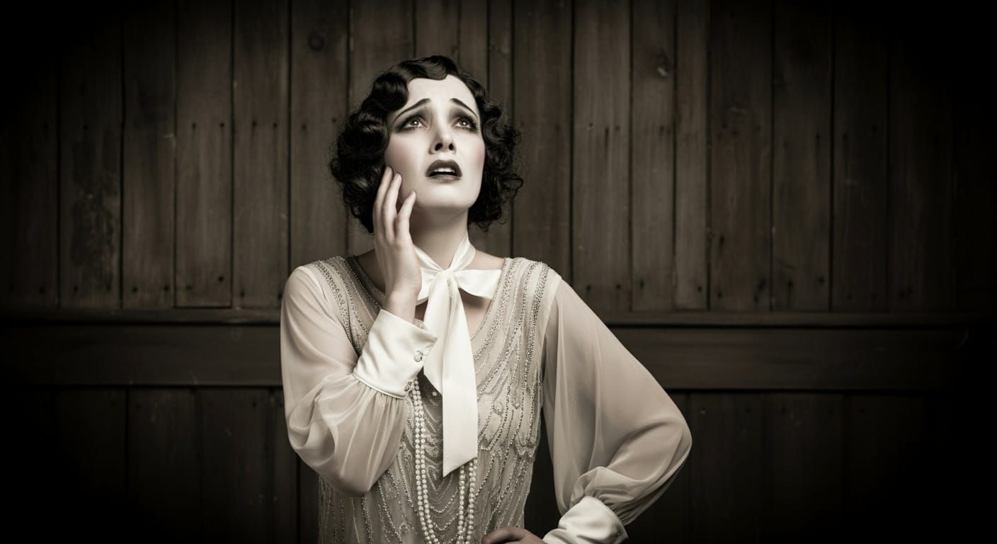 A 1920s flapper starlet with a classic tight curly finger wa...