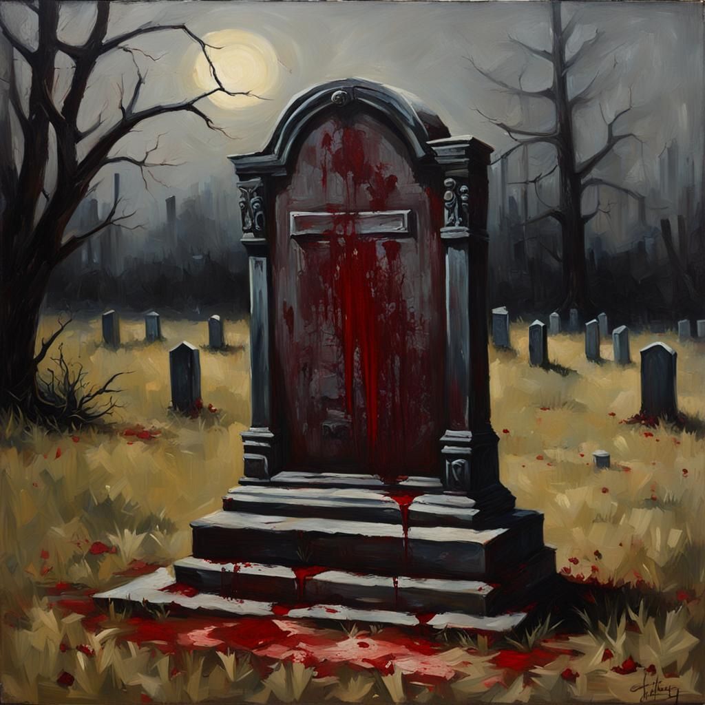 Creepy Tombstone with Blood in Oil Painting Style