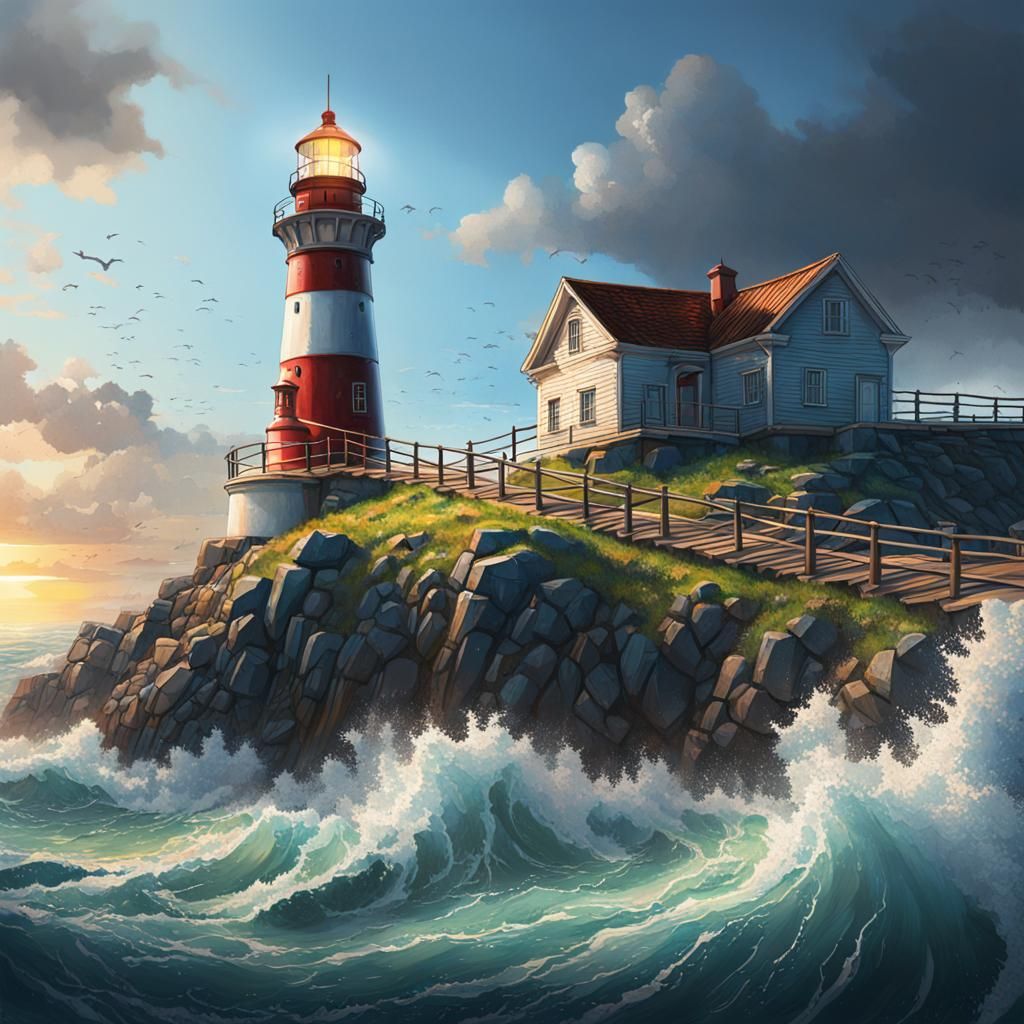 Hyperrealistic Lighthouse Guiding the Way at Night