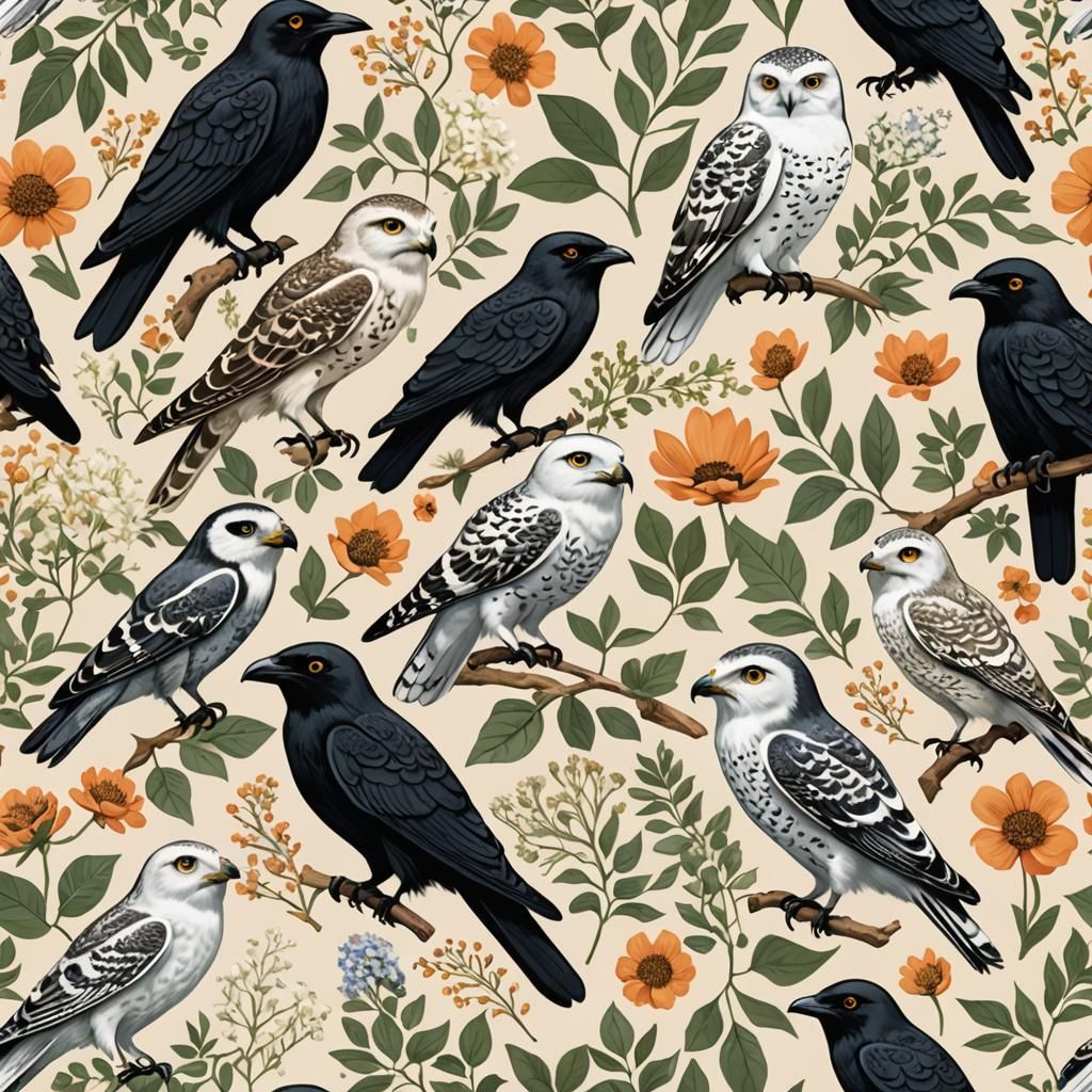 Birds and Floral Elements on Neutral Background
