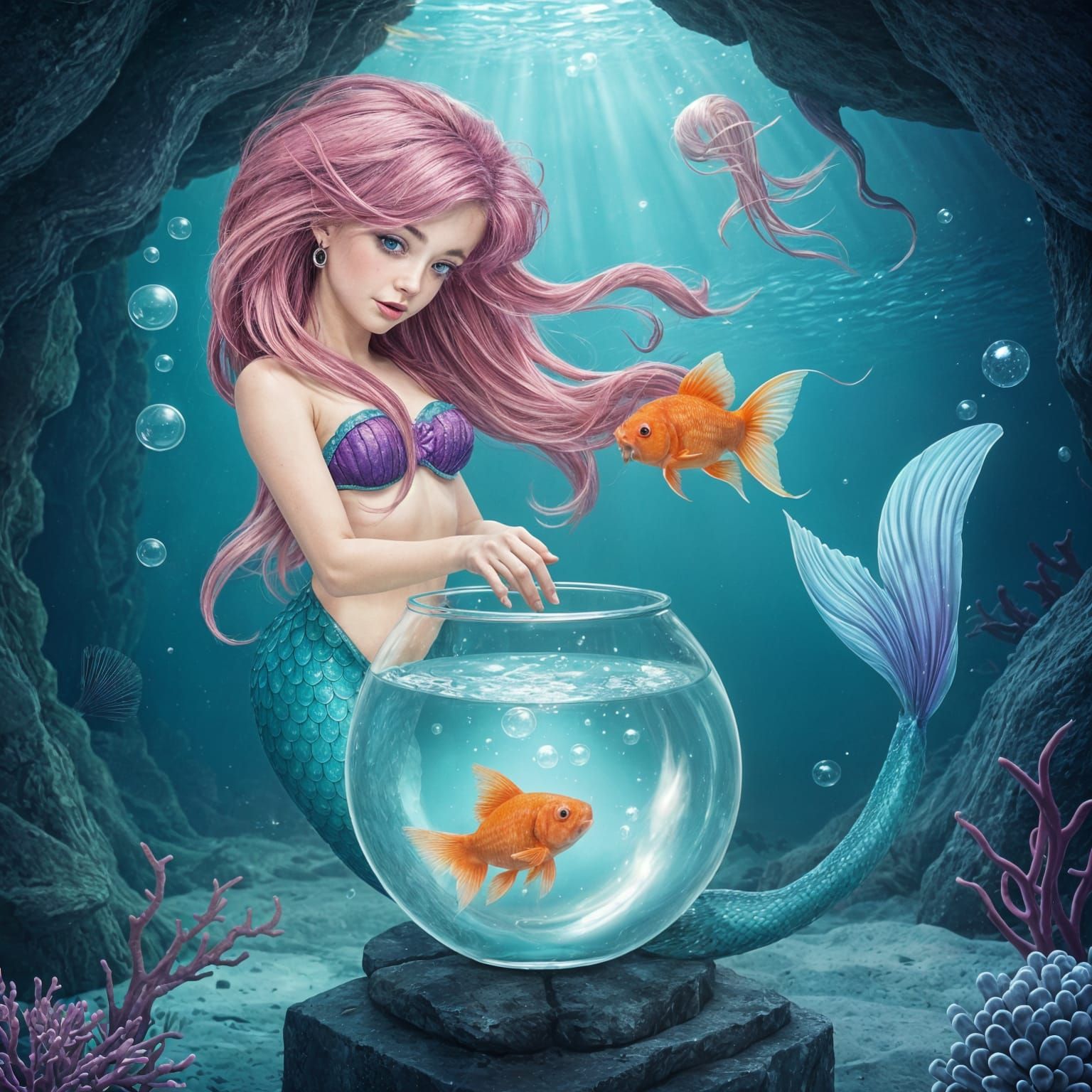Mermaid with Goldfish in Underwater Cavern