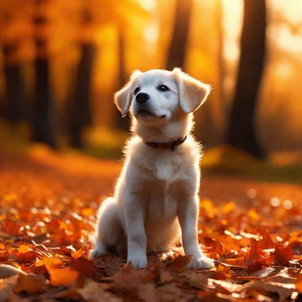 Cute Puppy Playing in Autumn Leaves: Digital Painting