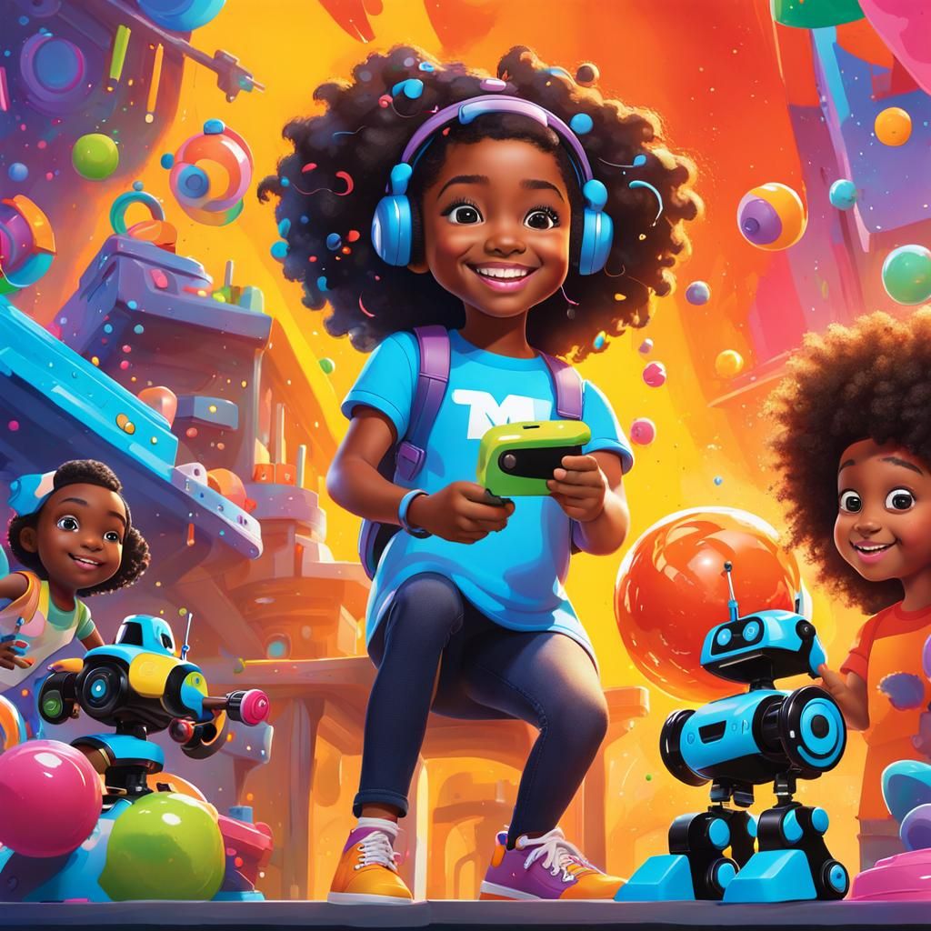 Happy Black Girl Codes with STEM Friends in Vibrant Makerspa...