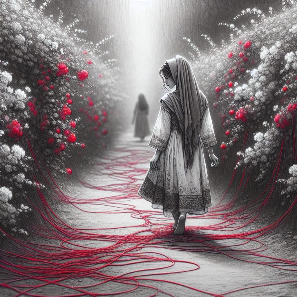 Girl on Path: Romantic Photorealistic Charcoal Drawing