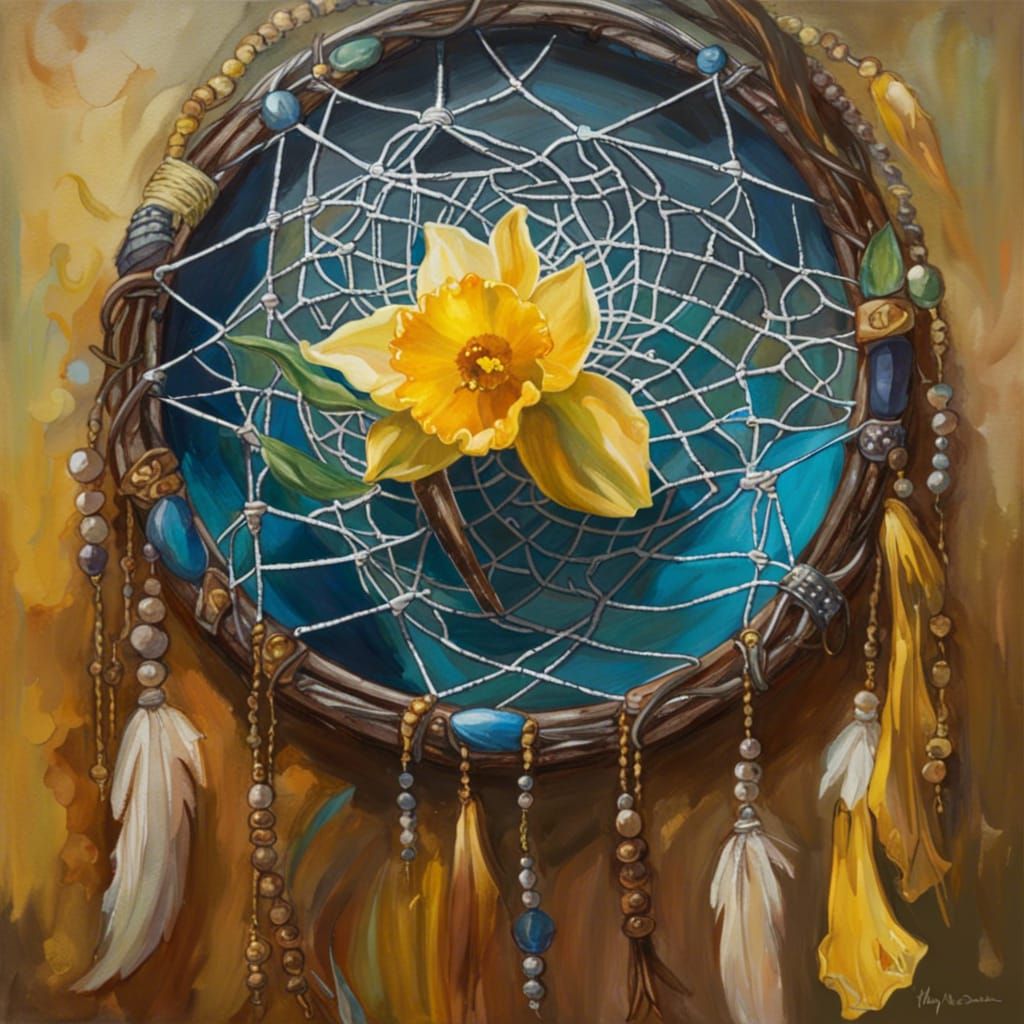 Daffodil Dreamcatcher: Gouache and Watercolor Painting