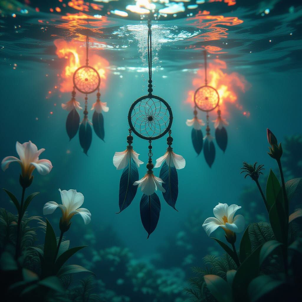 Underwater Iris Garden with Fiery Skies in Steampunk Style