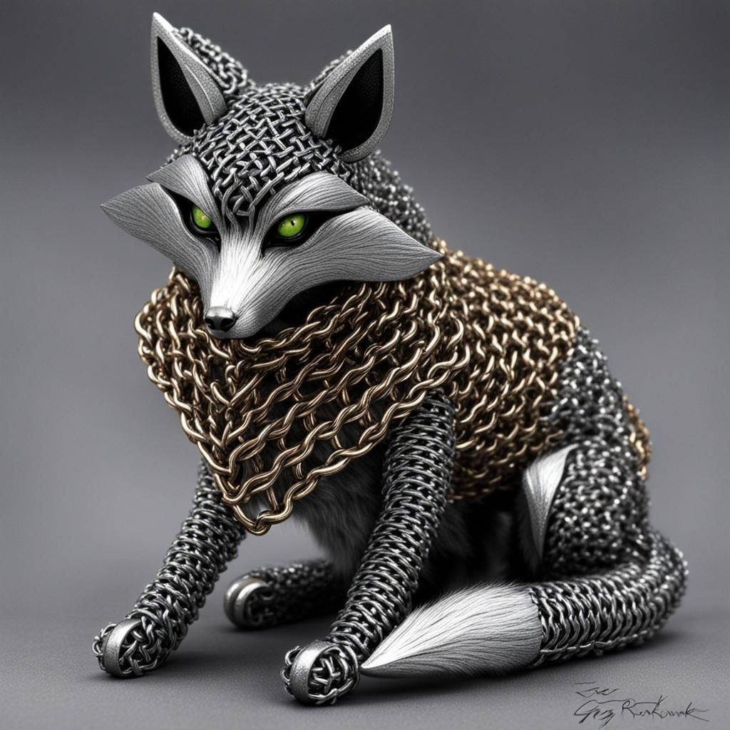 Chainmail Fox Digital Art, Sinister Metallic Design