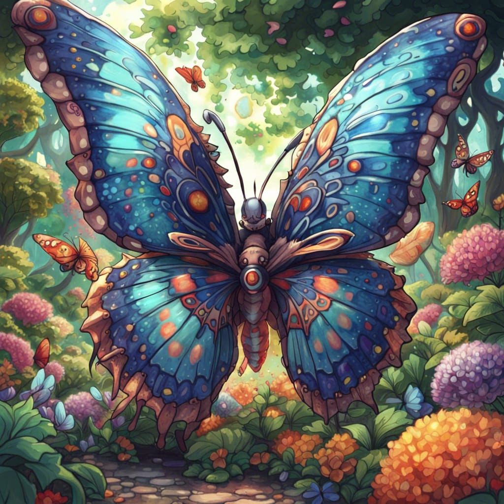 Monster Butterfly in Anime Style Garden