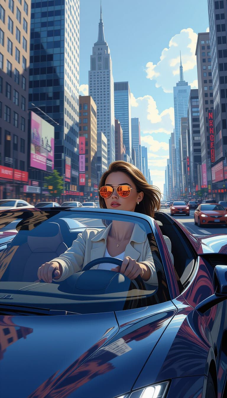 Girl Driving Car in City, Detailed Matte Painting