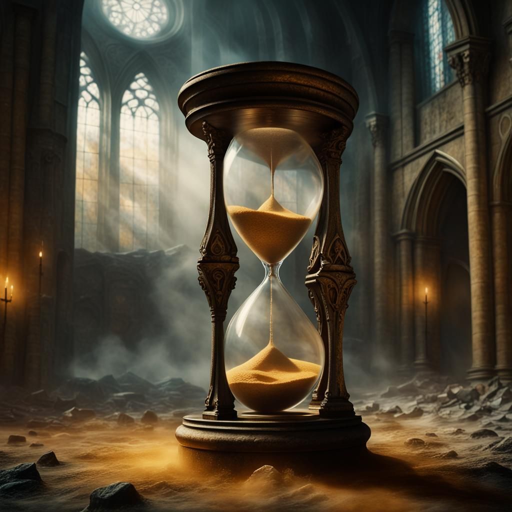 Mystical Hourglass in Abandoned Cathedral: Surreal Oil Paint...
