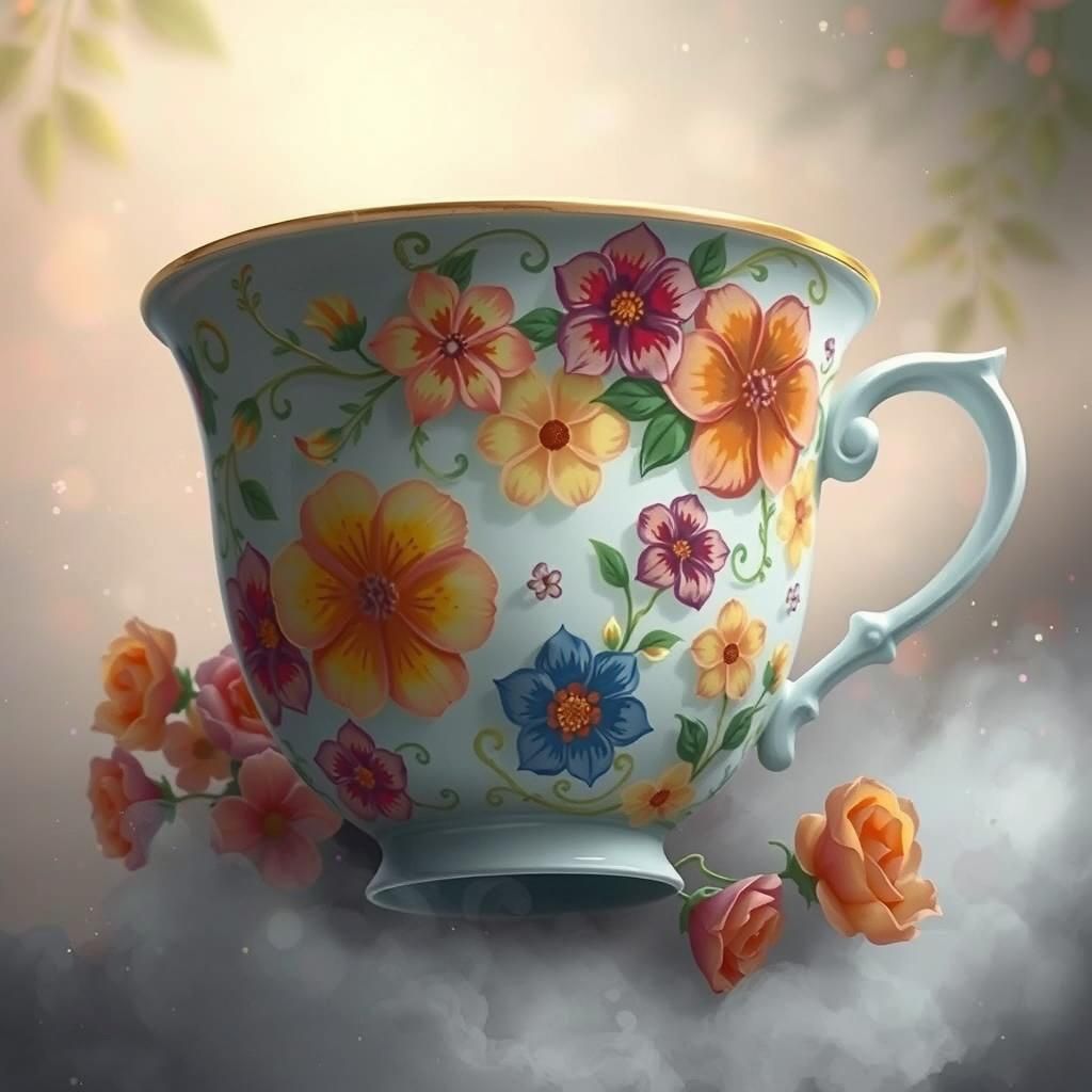 Ornate Cup with Summer Vines in Kinkade Style