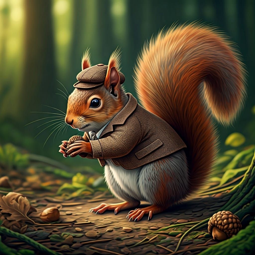 Whimsical Squirrel Steals Acorn in Classic Illustration Styl...