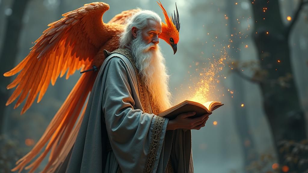 Wizard with Phoenix in Dark Fantasy Style