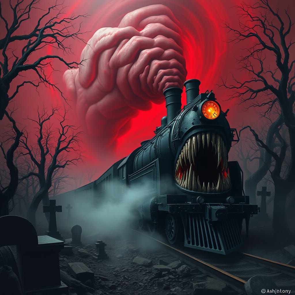 Dark Fantasy Train in Haunting, Industrial Surrealist Style