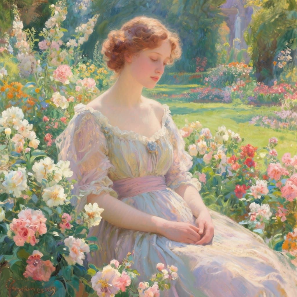 Elegant Woman in Garden, Impressionist Style