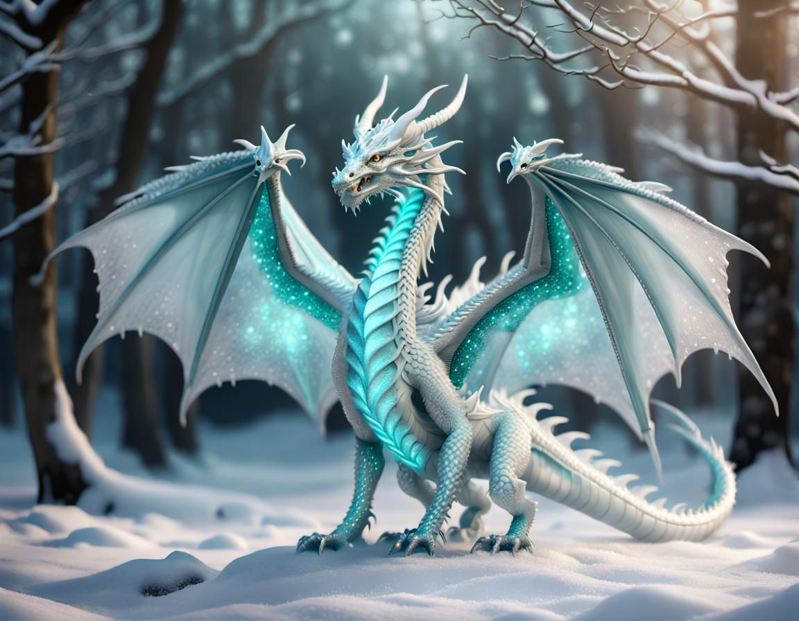 Icy Dragon with Glowing Wings in Snowy Wonderland