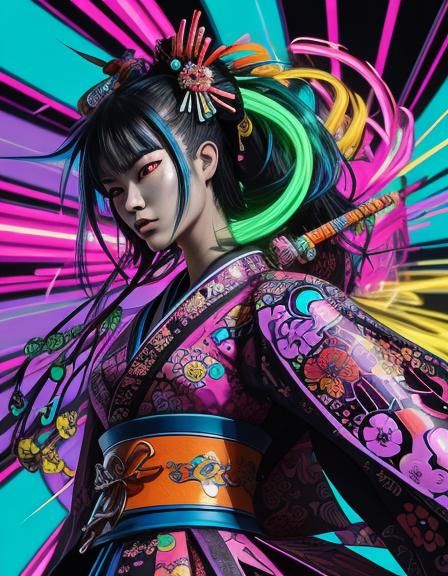 Vibrant, neon maximalist sculpture, portrait of Geisha in fu...