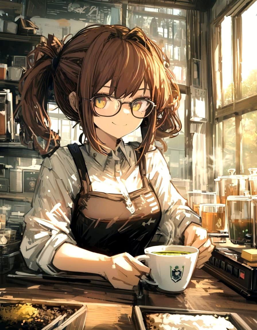 Cozy Barista Girl Brews Tea at Sunrise