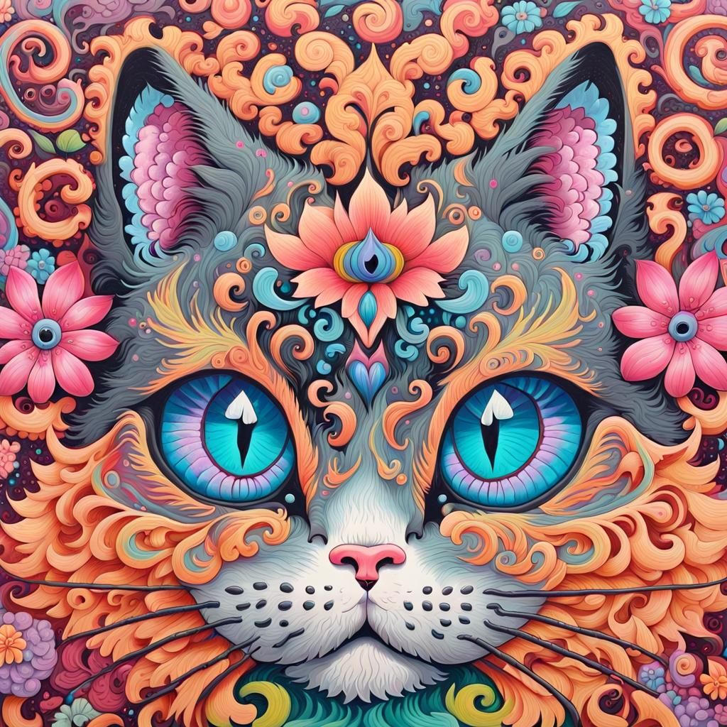 Psychedelic Karmic Cat Gouache Graffiti Art