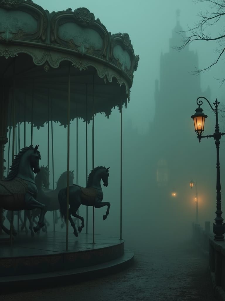 Eerie Carousel in Fog with Glowing Horses