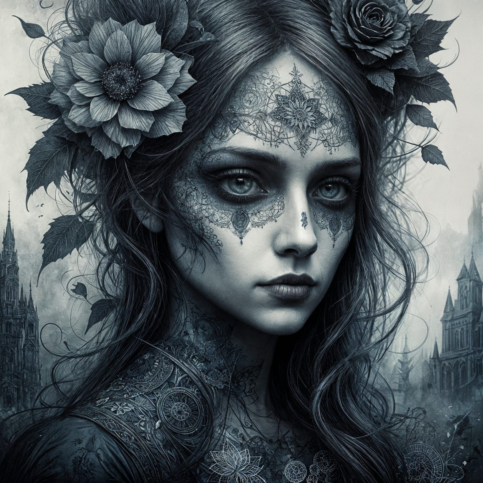 Gothic Double Exposure Drawing with Intricate Details