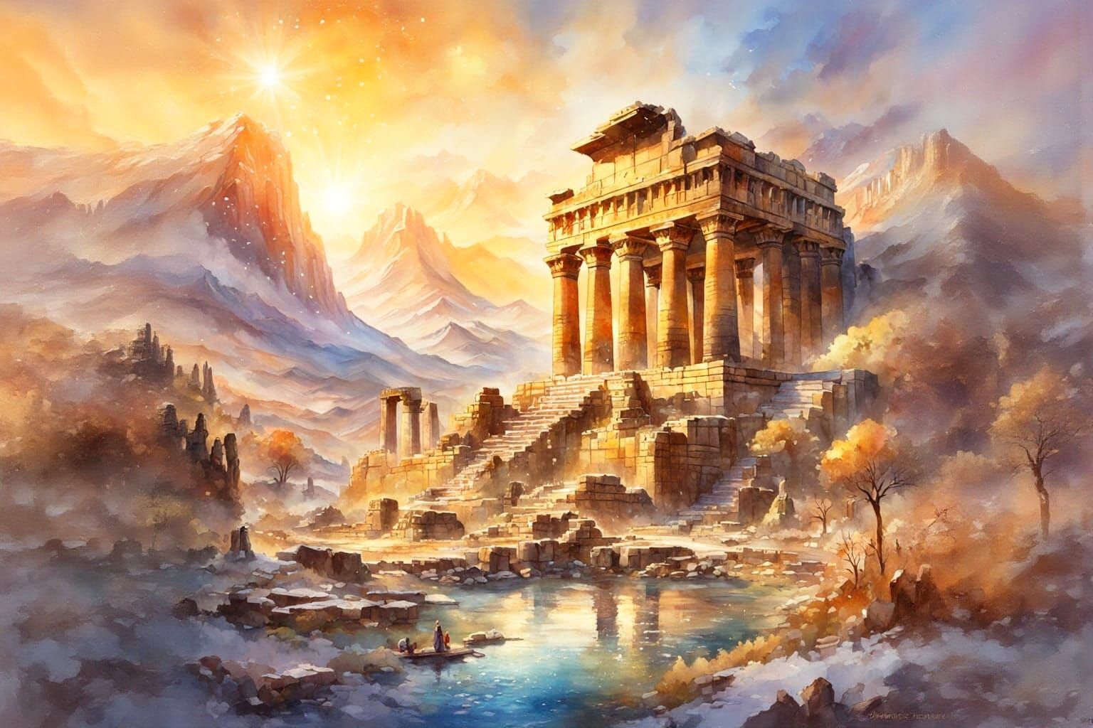 Assyrian Temple Ruins at Sunset: Watercolour Painting