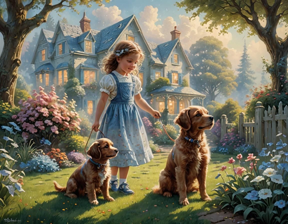 Baby Girl and Dog in Garden: Ethereal Fantasy