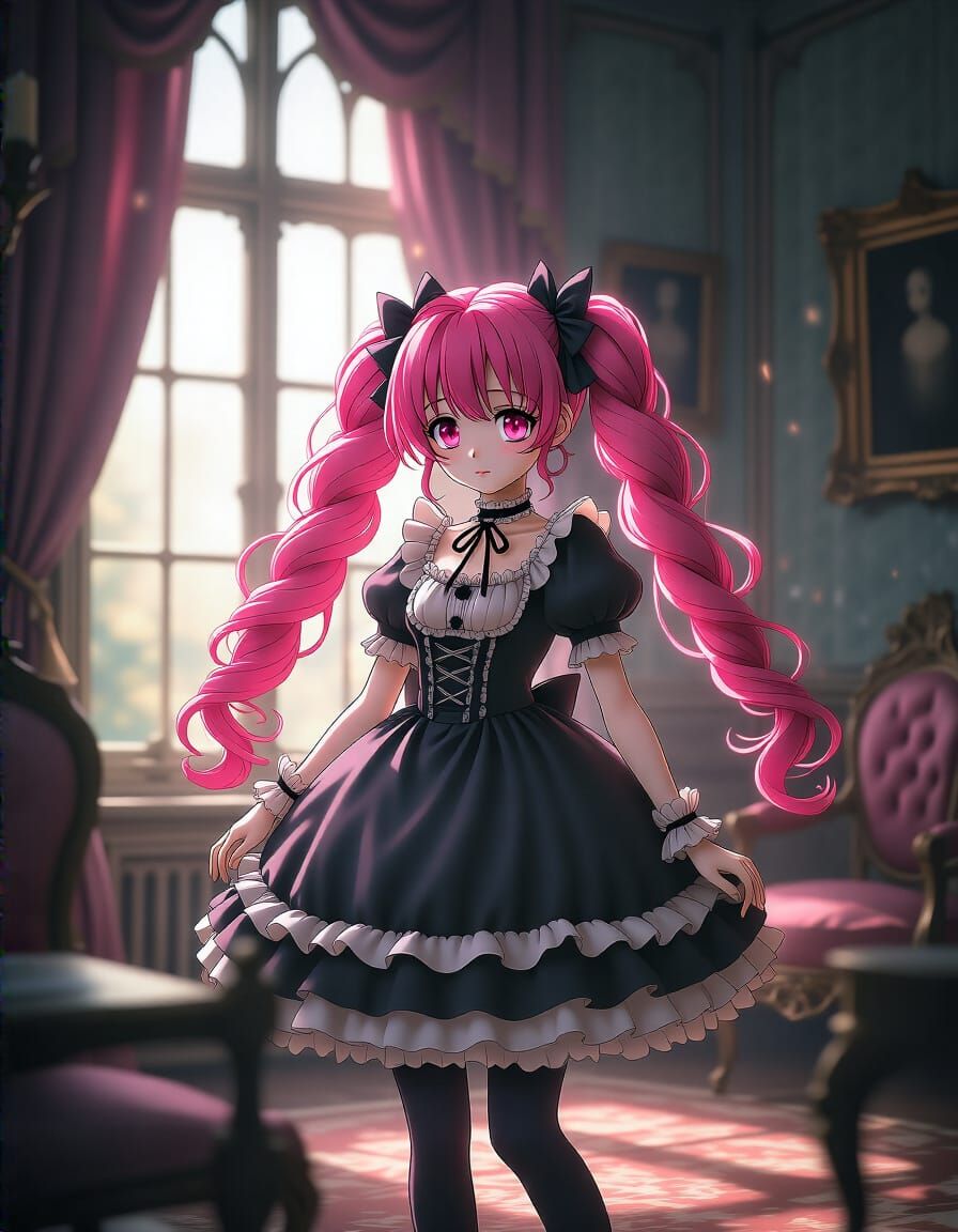 Anime Girl in Gothic Lolita Dress in Victorian Parlor