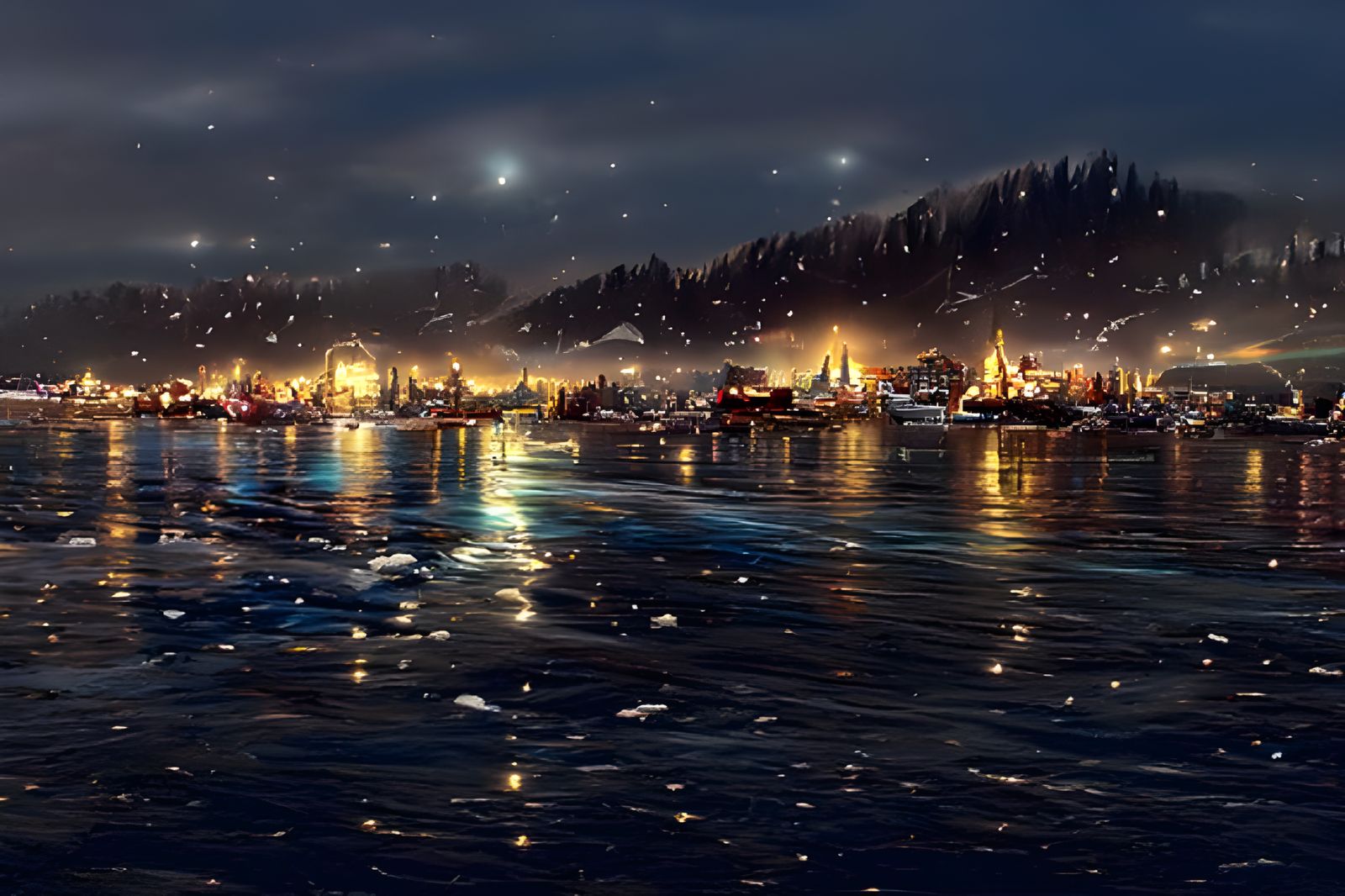 Winter City Lights Reflect on Ocean: Kinkade Style