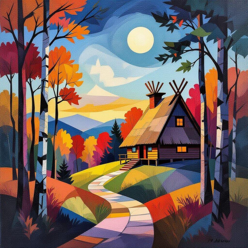 Autumn Longhouse in Cubist Style as Night Falls