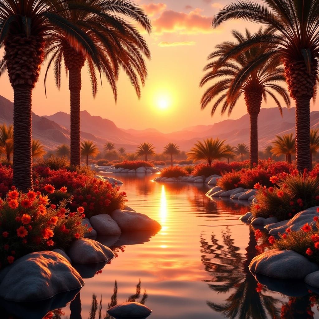 Vibrant Desert Oasis with Palm Trees and Hibiscus Flowers