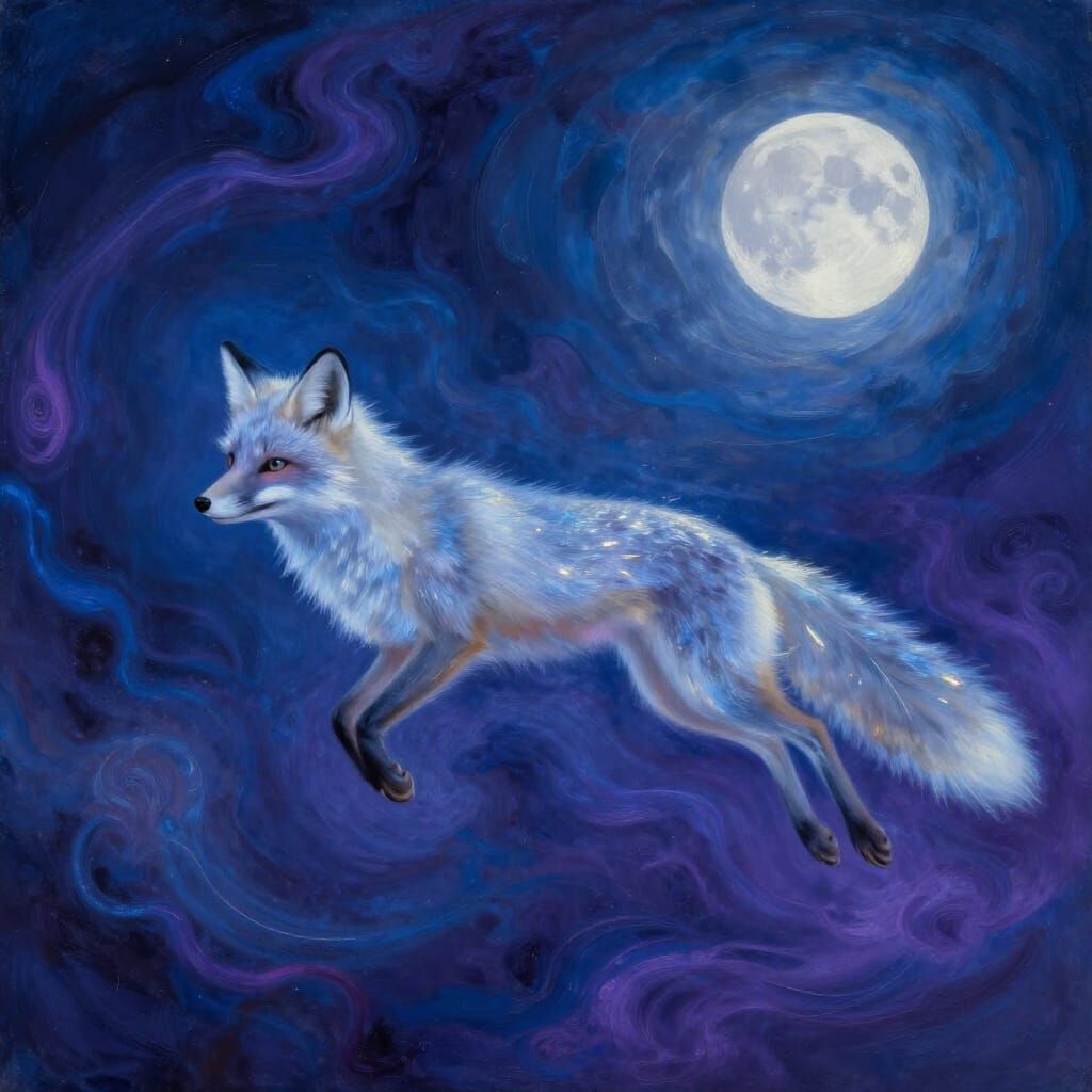 Ethereal Silver Fox Leaping Under Moonlight in Dreamlike Sty...