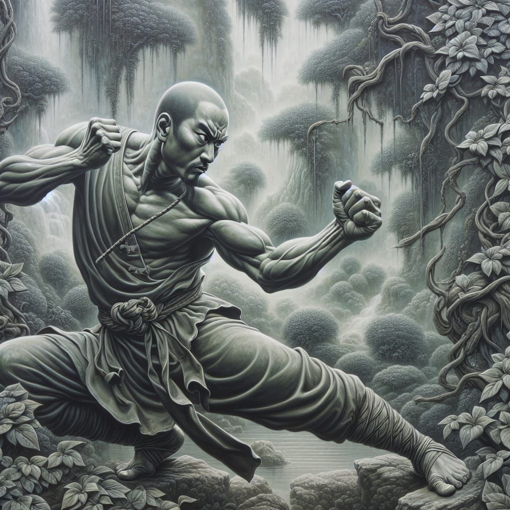 Ancient Warrior in Misty Garden Oil Painting