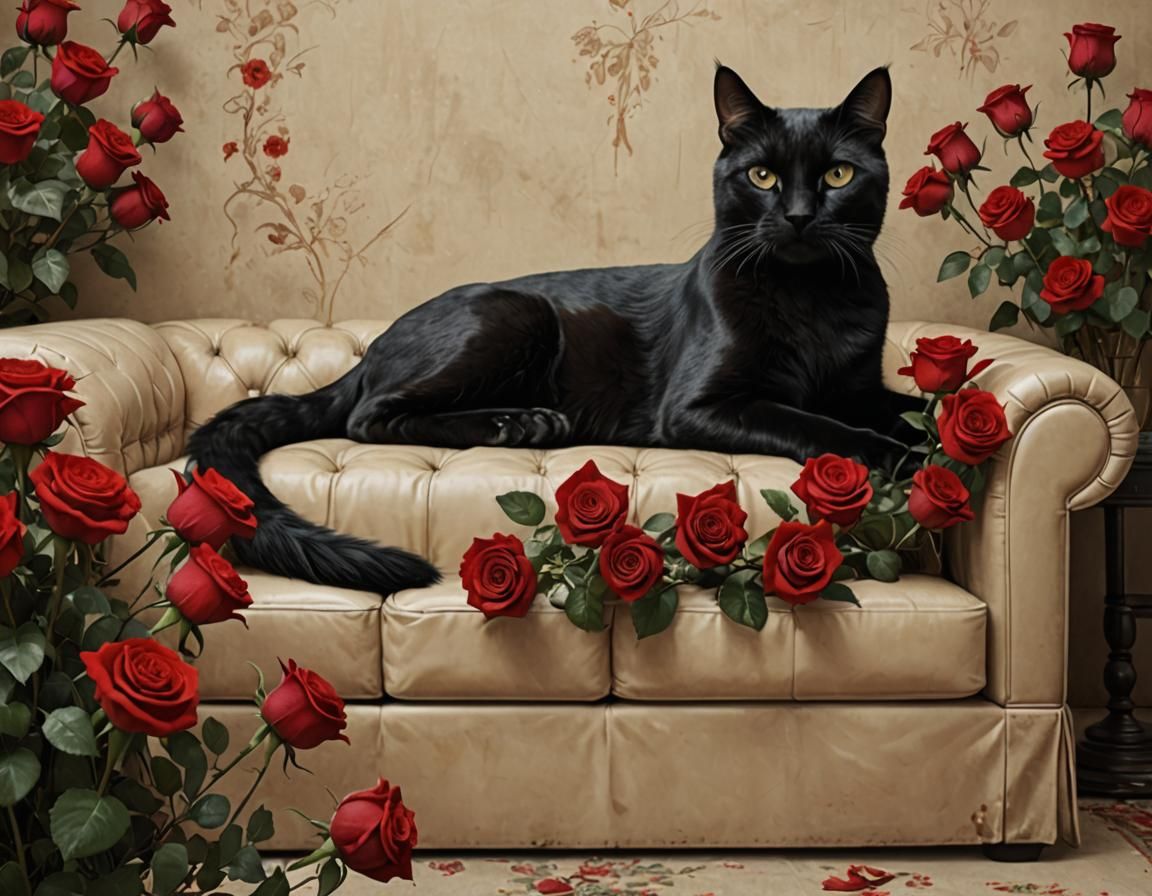 Black Cat Relaxes with Roses: Matte Painting