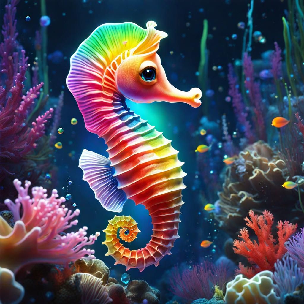 Rainbow Seahorse Constellation in Bioluminescent Coral Garde...