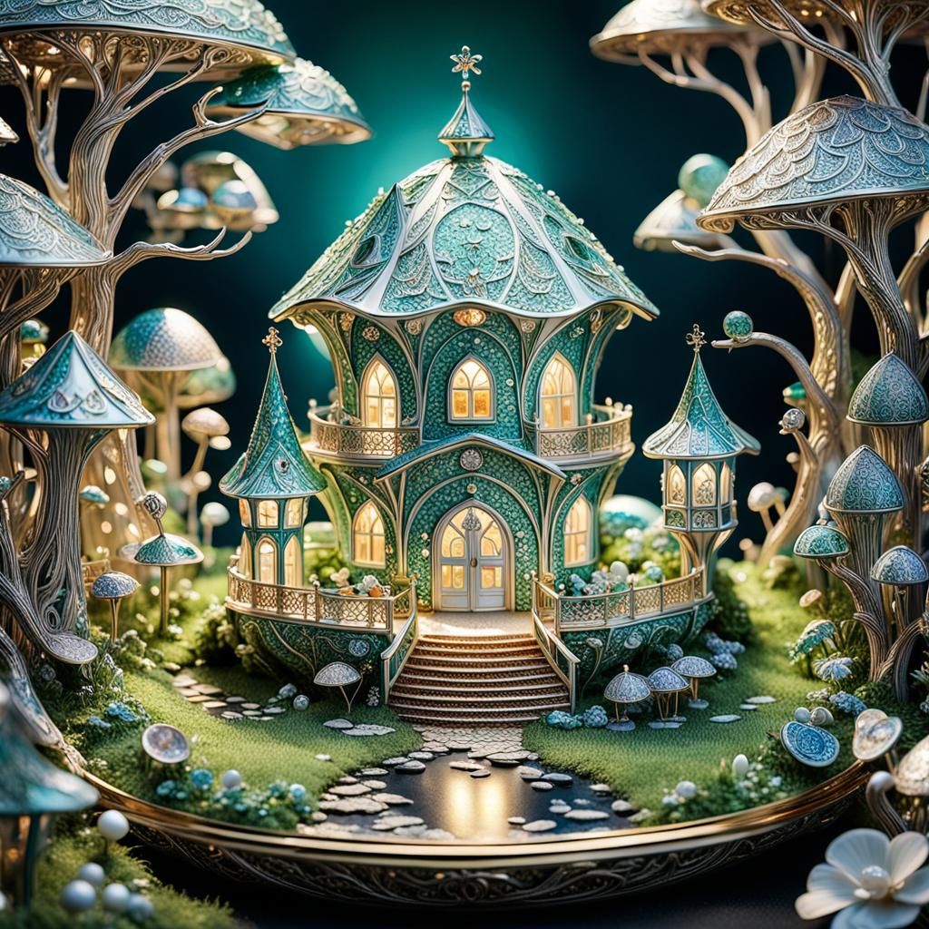 Intricate Fairy Village in Faberge Style