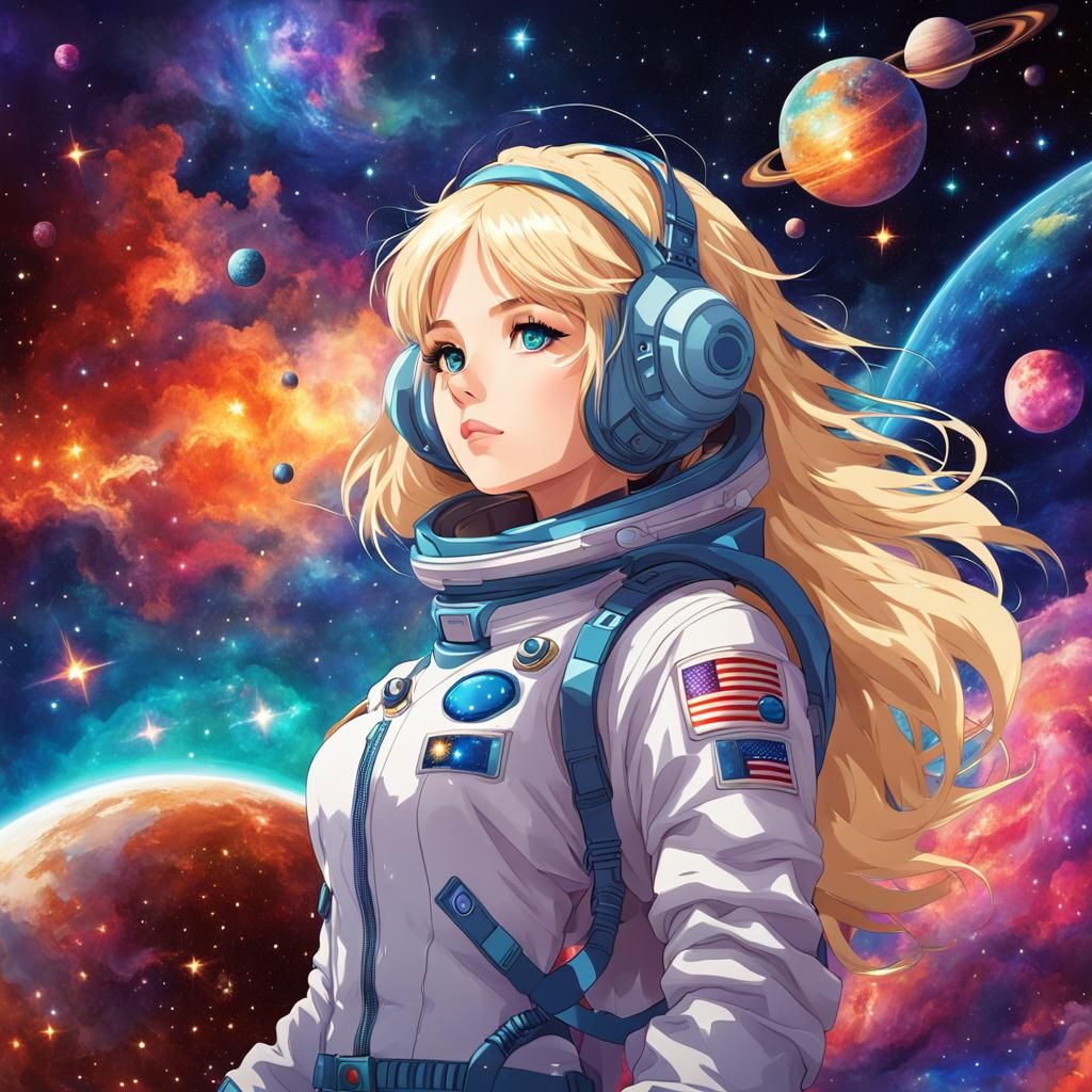 Anime Blond Girl in Spacesuit Among Galaxies