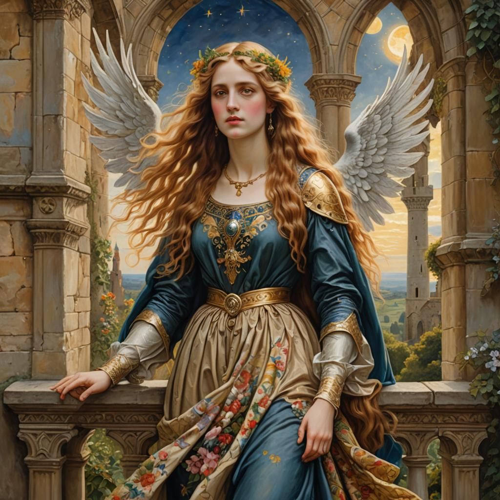 Medieval Woman with Angel Wings: Pre-Raphaelite Oil Painting