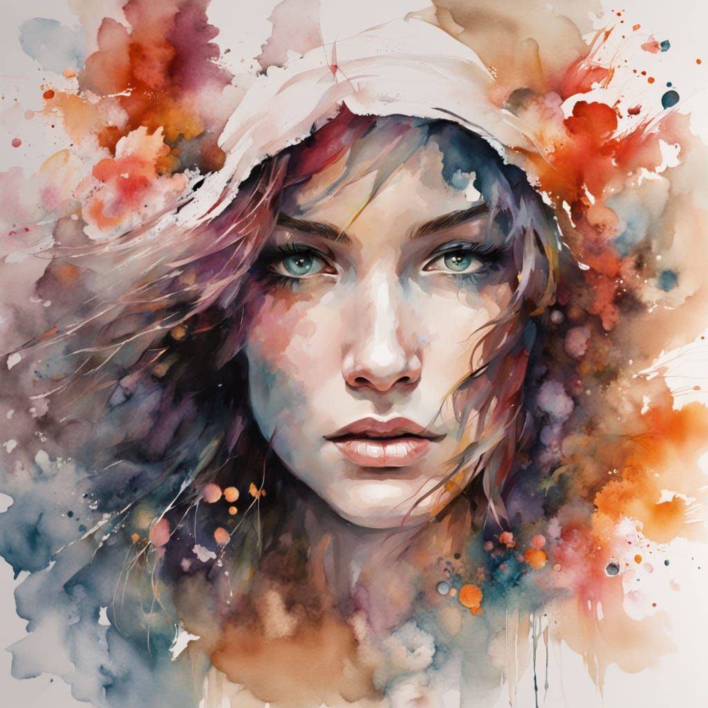 Ethereal Face in Wind and Rain, Watercolour Art