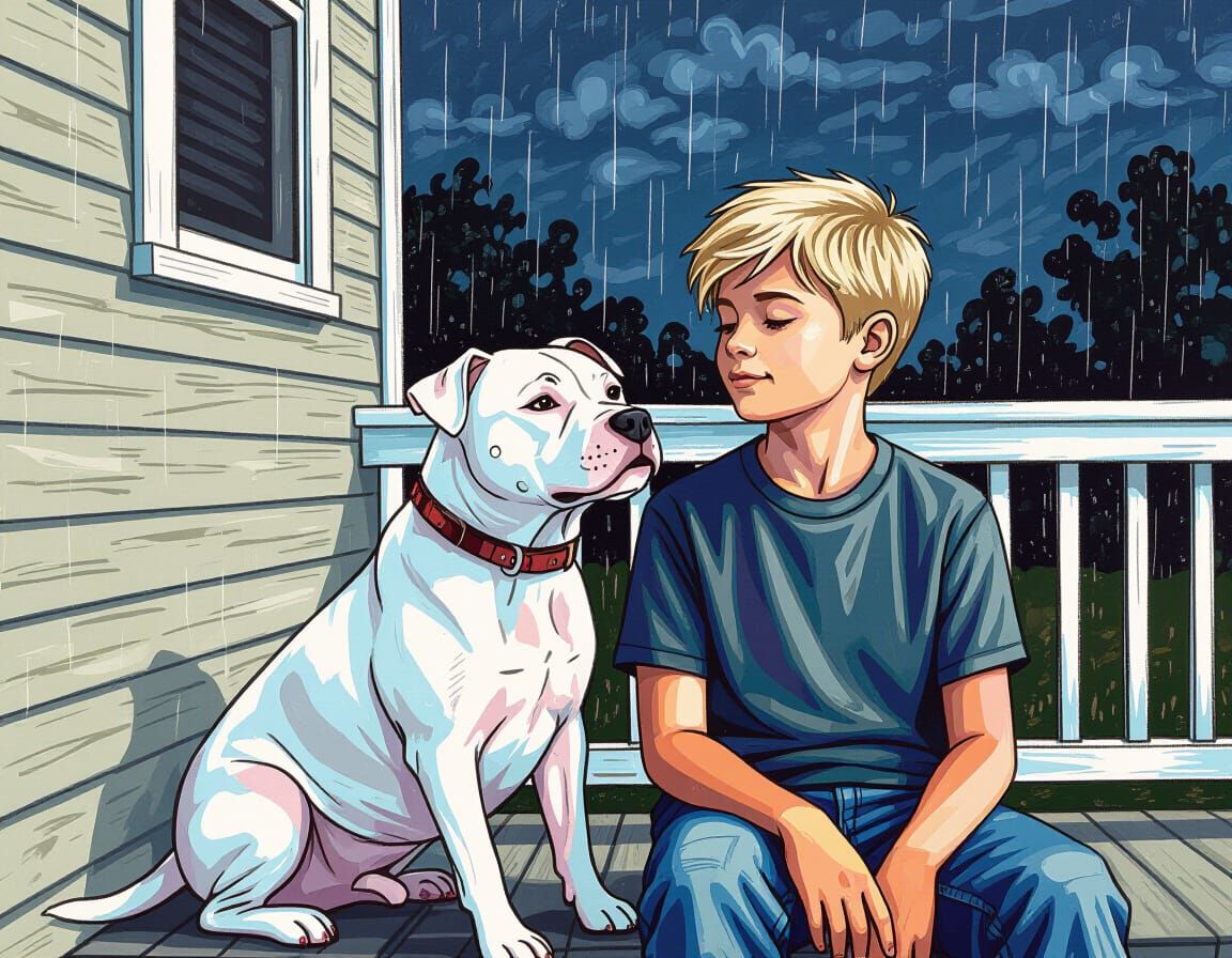 Boy and Dog on Porch Watching Rainy Night