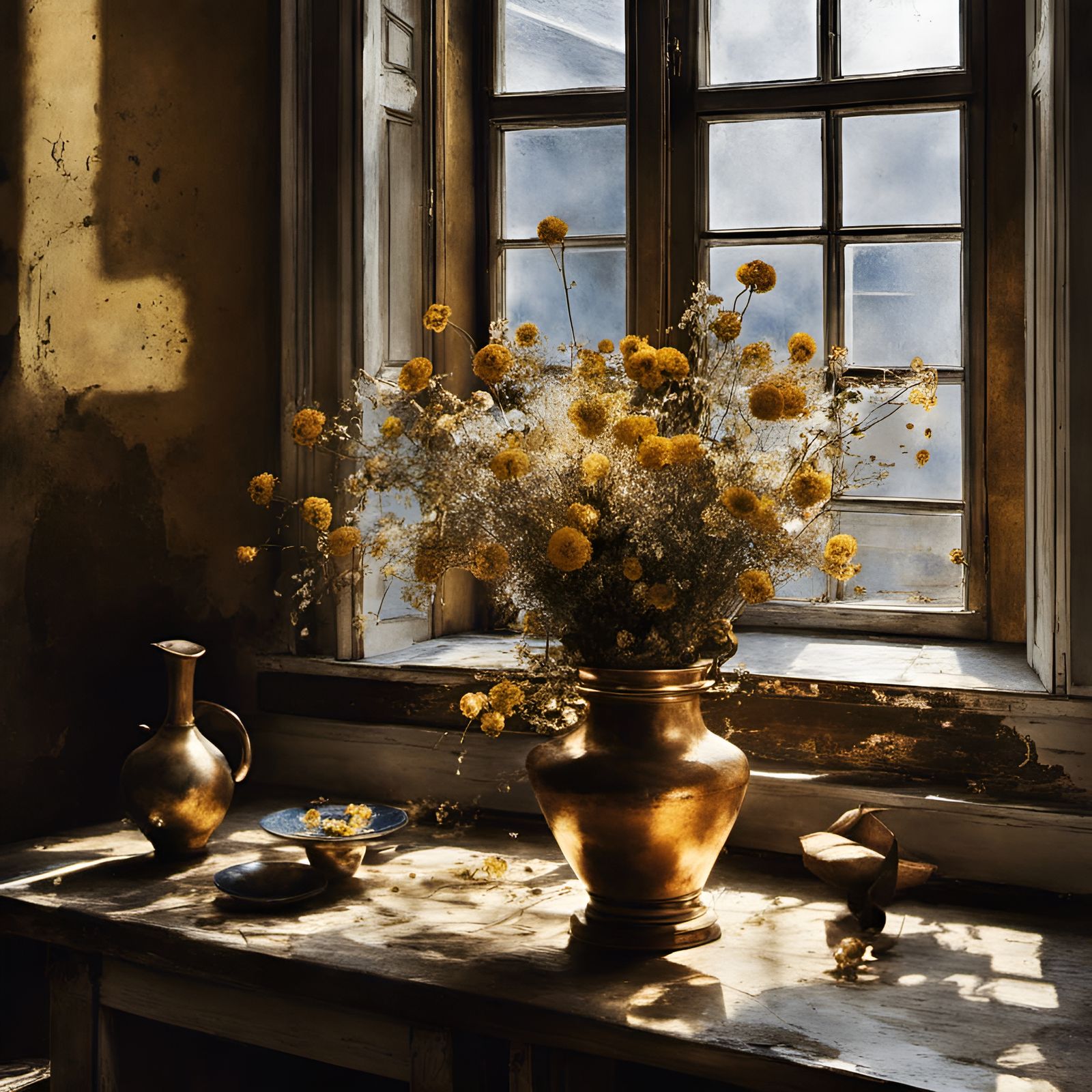 Still Life: Flowers, Copper Bucket, and Light