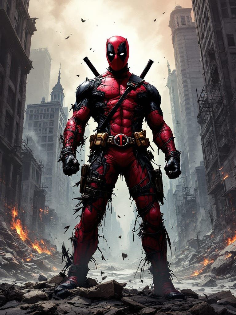Deadpool Triumphant in Ravaged Cityscape: Comic Book Art